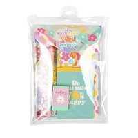 Ensemble de papeterie pour enfants sur le thème de Sweet Love: cahier, bloc-notes, règle, gomme, taille-crayon, stylo à bille dans un délicieux sac en PVC