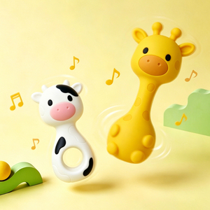 Custom Baby Teething Toys Giraffe <b>Cow</b> Animal Rattle Silicone Teether Soft Safe Chew Montessori Sensory Play for Toddler - Product Image 1