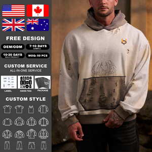 Sweat à capuche zippé KingSen OEM pour homme, hiver, effet vieilli, blocs de couleur, broderie imprimée, coton délavé, molleton français, style hip-hop - Product Image 2