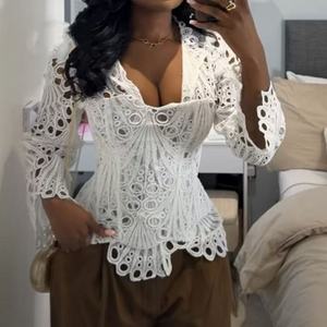 ZHEZHE Moda 2026 Ropa de <span class=keywords><strong>Dama</strong></span> Boutique Blusa de <span class=keywords><strong>Manga</strong></span> <span class=keywords><strong>Larga</strong></span> para Mujer Estilo Urbano Tops Sexys <span class=keywords><strong>Camisa</strong></span> Transparente con Diseño Único Calado - Product Image 1