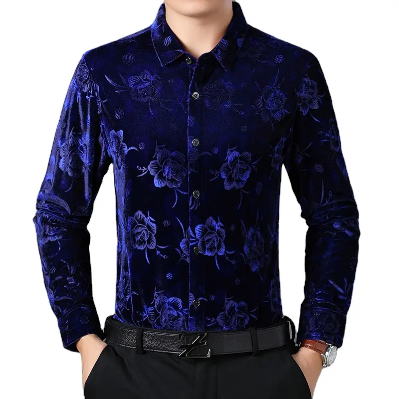 100% Cotton Gold Velvet Printed Shirt Loose Casual Men's Long-sleeved Shirts Non-iron Plus Size Men's Clothes