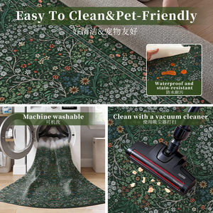Alfombra Persa Vintage Rectangular Verde Oscuro con Diseño Floral Azul, Resistente a las Manchas, Lavable a Máquina, Decoración para el Hogar - Product Image 4
