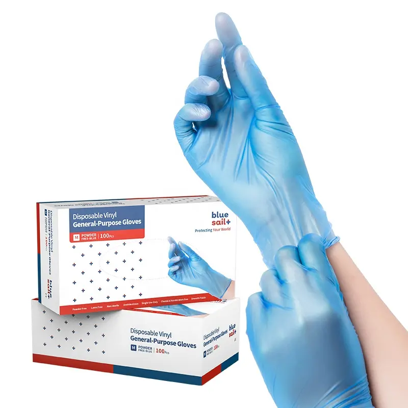 Guantes médicos generales personalizados para limpieza de alimentos, guantes de vinilo azules para el hogar, cómodos, sin polvo, desechables