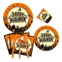 Ensemble de vaisselle pour fête d'Halloween, sorcière, citrouille, assiettes en papier, gobelets, serviettes, nappe, couverts en plastique, décoration de fête d'Halloween