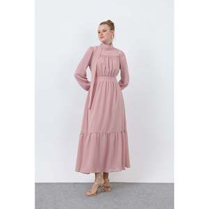 Robe midi élégante Puane pour femme, col montant drapé, manches longues, douce, respirante, rose poudré, jupe volumineuse pour occasions spéciales - Product Image 1