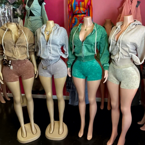 Completo in Cotone a 2 Pezzi per <span class=keywords><strong>Donna</strong></span>, Autunno Primavera, Giacca a Maniche Lunghe Effetto Lavaggio Acido e Pantaloncini, <span class=keywords><strong>Outfit</strong></span> Coordinato Y2K - Product Image 1