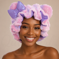 Bonnet de nuit en peluche à oreilles d'animaux mignonnes avec paillettes, grand diamètre 35 cm, doux et chaud pour l'hiver, doublé en satin pour cheveux naturels