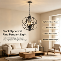 Lampu Gantung Cincin Bulat Hitam, Lampu Chandelier Kandang 4 Lampu Modern untuk Ruang Tamu, Ruang Makan & Foyer