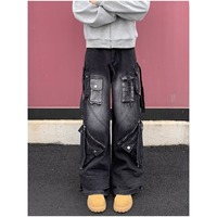 Jean cargo noir surdimensionné pour homme, style déchiré, coupe ample et large avec poches cargo
