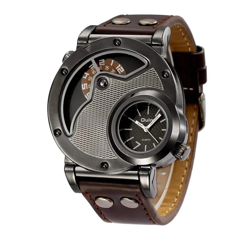 2022 Cheap New Wholesale Dual Time Zone Sports Big Dial Unique Watch Quartz Men Brown PU Leather Watches