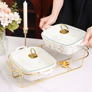 Plat de cuisson rectangulaire de luxe en marbre doré pour restaurant avec support métallique, chauffe-plat en céramique pour buffet et couvercle en verre - Product Image 2