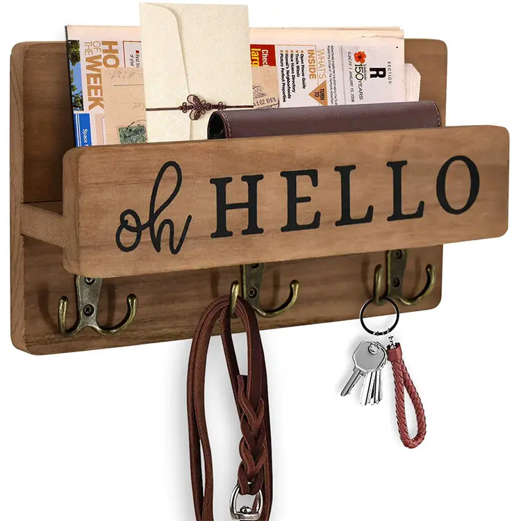 Rustic Key Holder for Wall Decorative Entryway Mail and Key Holder with 3 Hooks Wooden Key Shelf