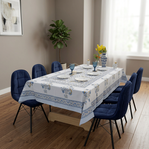 Handmade Eco-Friendly Durable Floral Printed Cotton Linen Rectangle Simple Style Washable Home Use Blue <b>White</b> Pattern <b>Tablecloth</b> - Product Image 3