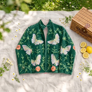 Blouson Bomber Femme en Velours Vert Respirant Tricoté Brodé Motif Papillon Floral Col Montant Style Bohème Ethnique Hiver - Product Image 3