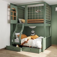 Lit superposé pour enfants, taille double, vert sauge, avec escalier, toboggan, tiroirs, bibliothèque, filet de sécurité, garde-corps, fenêtre arquée, mobilier de chambre à coucher