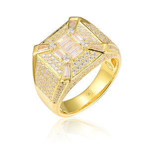 Bague de cocktail de luxe en or jaune avec diamants de laboratoire taille baguette sertis pavé, design géométrique, bijoux pour homme - Product Image 1