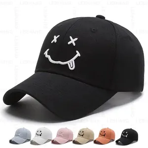 หมวกเบสบอลผ้าคอตตอนปักลายหน้ายิ้มน่ารักมาใหม่6แผงหมวกกีฬาแบบเรียบมีโครงสร้างโค้งโลโก้ตามสั่ง