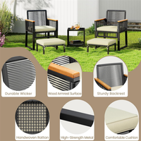 Ensemble de conversation d'extérieur en rotin PE noir, chaise de bistrot en osier avec poufs pour mobilier de jardin