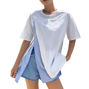 Custom Ladies Tops Latest Design Clothes Women'S Casual Front Slit Short Sleeve Loose T-Shirt Designer Loose Fit Tee Shirt Top