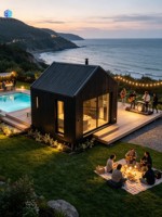 Cabane de glamping modulaire noire en forme de A, petite maison préfabriquée en bois avec grande fenêtre vitrée, villa de vacances préfabriquée pour station balnéaire