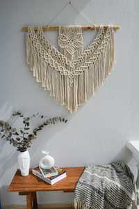 Décoration murale bohème en macramé, corde en coton naturel, motif géométrique, forme irrégulière avec cheville en bois flotté pour salon - Product Image 3