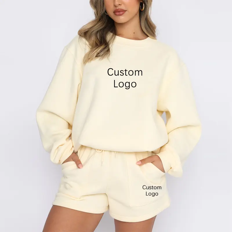 Custom logo cotton women's sweatshirts suits casual sports hoodie and shorts set 2 pieces workout set