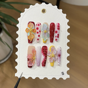 <span class=keywords><strong>Ongles</strong></span> à presser 3D faits main de luxe haut de gamme, longs, forme cercueil, réutilisables, motif floral estival, en acrylique, personnalisables, vente en gros - Product Image 4