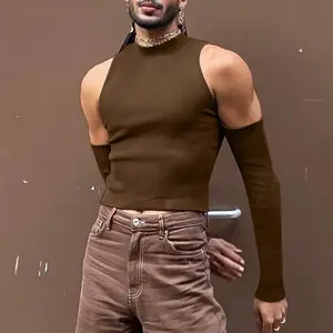 2023 yeni tasarım kapalı omuz erkek üstleri düz renk slim fit kırpma üst erkekler nervürlü seksi t shirt