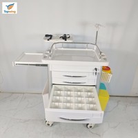 Chariot d'urgence médical moderne rouge en ABS avec 5 tiroirs, poteau porte-perfusion, étagère pour défibrillateur et garde-corps en aluminium pour ER
