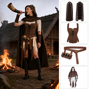 Set di Accessori Medievali, Gilet, Bracciale da Polso, Mantello, Cintura Porta Pozione per Cosplay di Halloween, Fiera Rinascimentale e LARP Vichingo - Product Image 1
