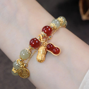 Hetian Jade Peanut Bracelet For Women Red Green Beads Gold Charm Gift Jewelry Fashion Charm Bracelets - Product Image 3