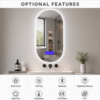 Miroir de salle de bain intelligent LED ovale moderne Joystar OEM avec éclairage rétroéclairé, 35x70cm, dimmable 6000K, écran tactile avec 2 crochets