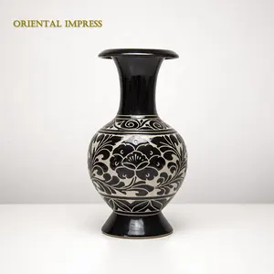 Cizhou-jarrón de cerámica esmaltado a mano, florero de color negro
