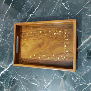 Plateau de service en bois artisanal moderne, motif floral, léger, rectangulaire, avec incrustation d'os et poignée découpée, pour table basse et maison - Product Image 1