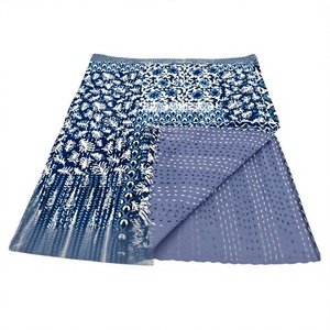 Handmade Hand Block Printed Indigo Blue Kantha <b>Quilt</b> Indigo Blue Cotton Kantha <b>Quilt</b> Indian Handmade Queen <b>Bedspread</b> - Product Image 1