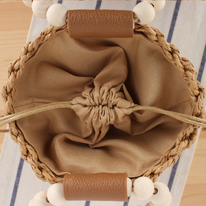 Women's Boho Style round Handle Handwoven <strong>Straw</strong> <strong>Tote</strong> Bucket <strong>Bag</strong> Summer Beach Inspired with Wooden Beads and String Closure - Product Image 4