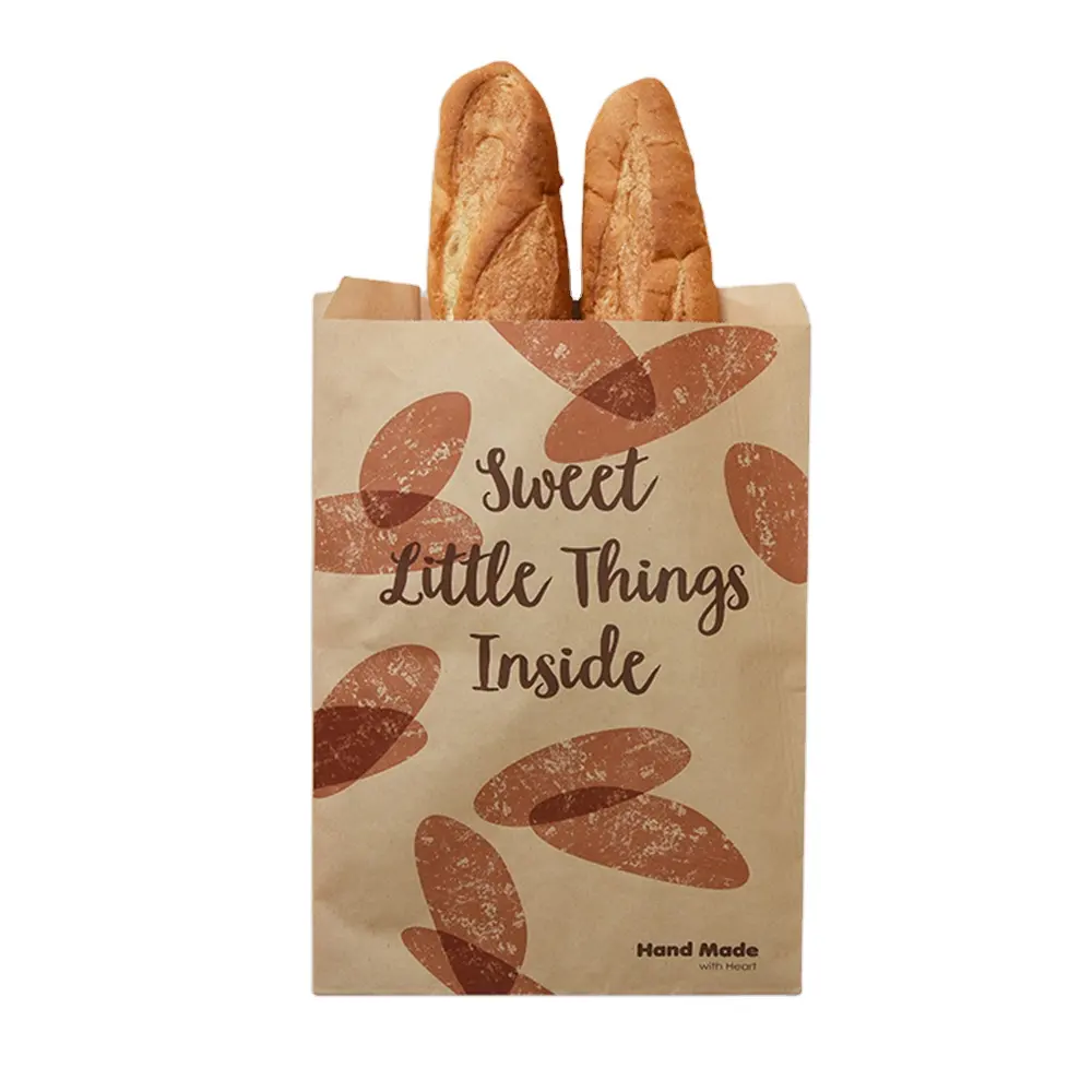 バゲットペストリーパイパン用のカスタムリサイクル可能なエレガントなフレンチスタイルのパン画像印刷された耐油性ブラウンクラフト紙ポーチバッグ