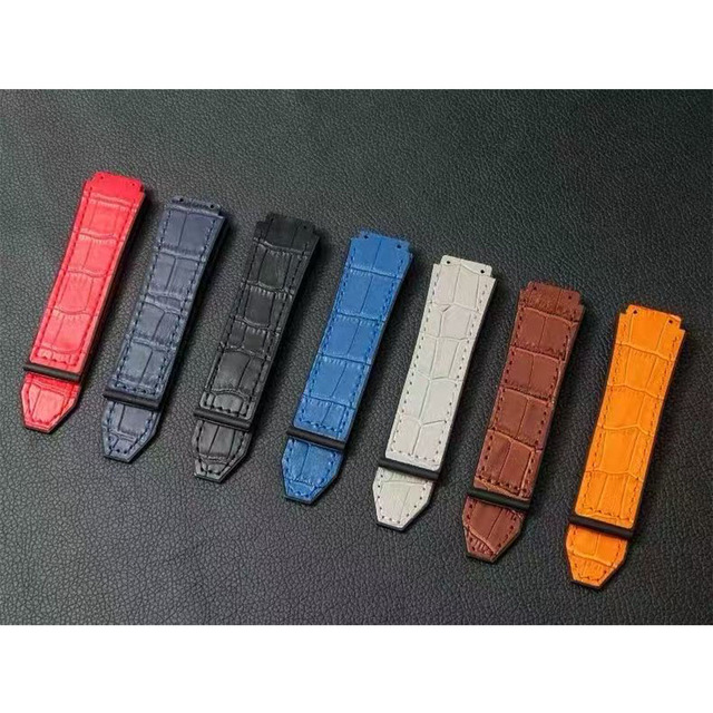 Genuine Leather Watch Crocodile Pattern Glue Silicone Rubber Straps Waterproof for Hublot Big Ban GSeries Watch Bands 25*19mm