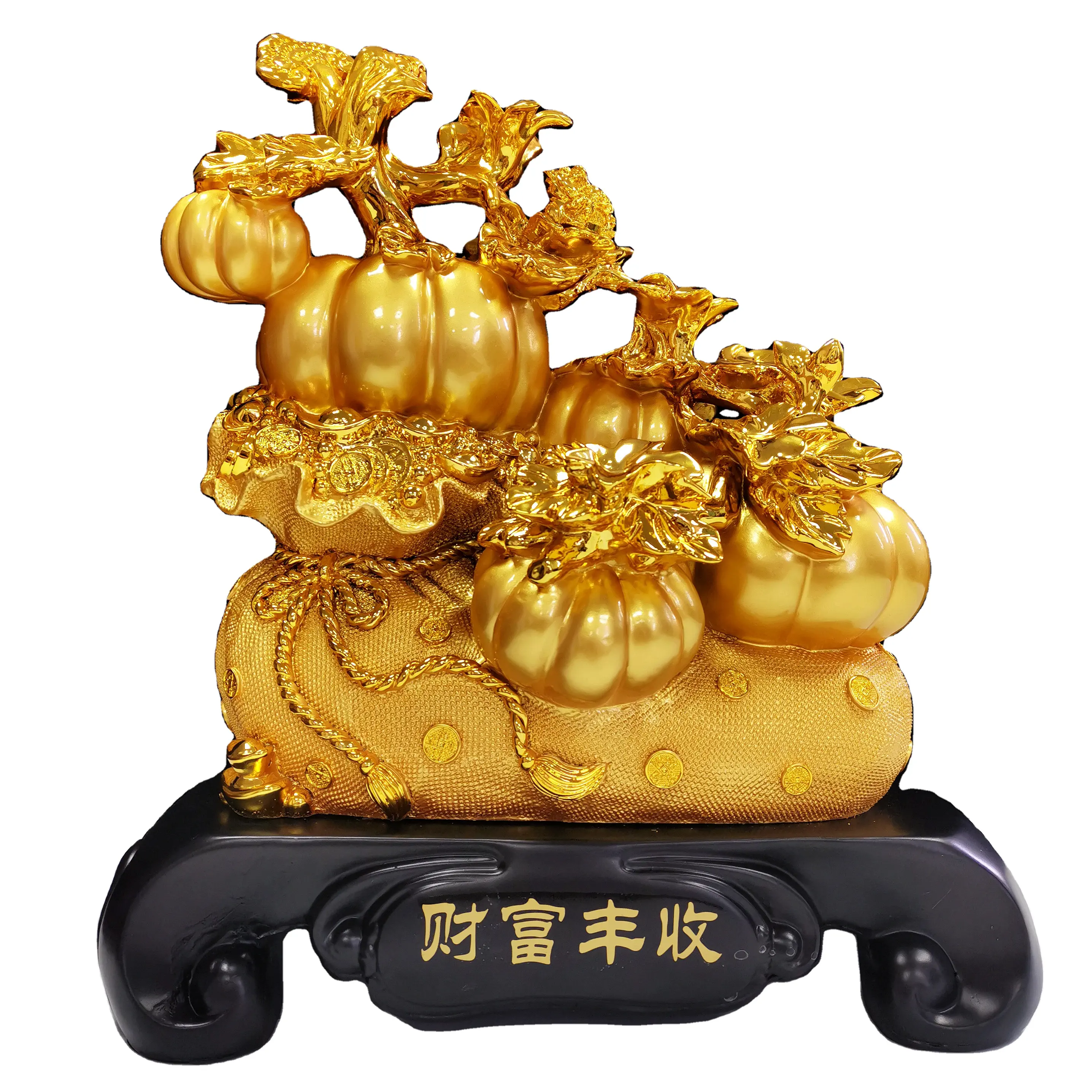 Figurine di zucca in resina Fengshui in stile cinese decorazione di statua di zucca in oro per Halloween Indoor Garden Farm Fruit Apple Decor