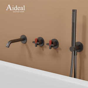 Robinet <span class=keywords><strong>de</strong></span> baignoire mural noir mat à commande croisée dissimulée, design premium unique, <span class=keywords><strong>2</strong></span> fonctions, avec douchette à main - Product Image 4