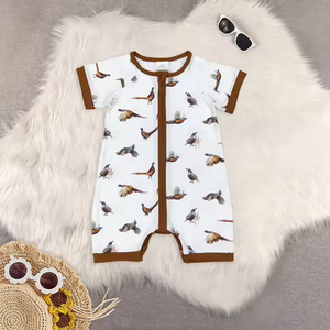 Ensemble de vêtements pour bébés garçons Longlv en gros – Combinaison décontractée en coton/élasthanne avec imprimé oiseau marron et short bulle – Tenues d'été pour tout-petits - Product Image 4