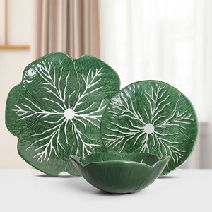 JINTCH <span class=keywords><strong>Vaisselle</strong></span> verte gaufrée en forme de fleur <span class=keywords><strong>Vaisselle</strong></span> en <span class=keywords><strong>porcelaine</strong></span> gravée Ensemble de <span class=keywords><strong>vaisselle</strong></span> - Product Image 2