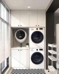 Buffet intégré <span class=keywords><strong>blanc</strong></span> moderne avec rangements multi-niveaux et espace de buanderie pour appartement sur mesure - Product Image 1