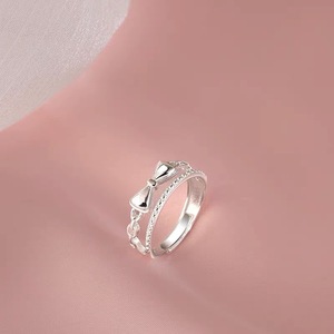 S925 Sterling <b>Silver</b> Double Layer Bow <b>Ring</b> For Women <b>Adjustable</b> Opening Exquisite Delicate Sweet Dessert Style Jewelry - Product Image 3