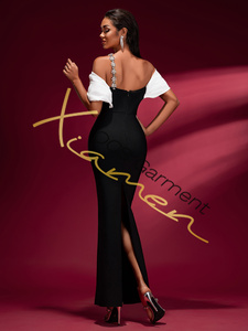 Ocstrade thả vận chuyển Boutique của phụ nữ quần áo thanh lịch Trắng Vai Đen Băng maxi buổi tối ăn mặc với chuỗi kim cương - Product Image 2