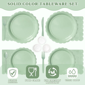 Kit de vaisselle jetable vert sauge 175 pièces - Ensemble de vaisselle festonnée pour mariage, anniversaire et fête - Product Image 3