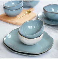 Service de vaisselle en céramique bleue, forme irrégulière, assiettes et bols en grès, 5 tailles, pour la maison et les restaurants
