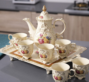 Ceramic Water and Afternoon Tea Coffee <b>Cup</b> <b>Set</b> with 1 Tea Pot 6 <b>Cups</b> 1 Tray - Product Image 5