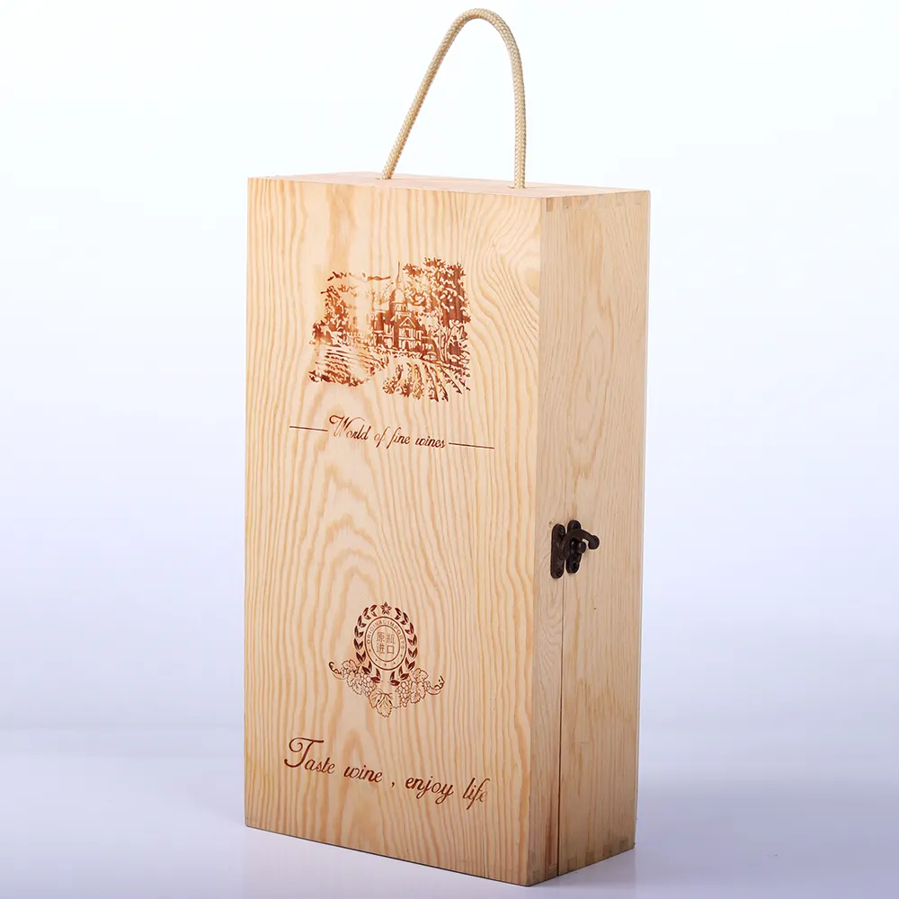 Scatola di imballaggio in legno Shabby per due bottiglie di vino di alta qualità in legno retrò scatola pacchetto per bevande quadrato compensato riciclabile