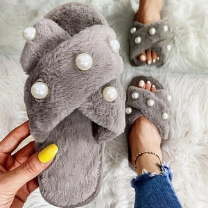 Women <b>Fluffy</b> Slippers Summer Warm Faux Fur Cross Flip Flops Indoor Pearl Floor <b>Slides</b> Flat Furry Sandals - Product Image 4